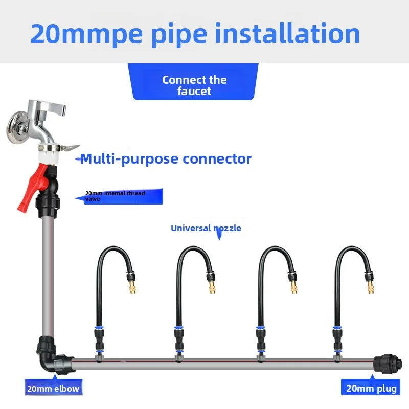 Universal irrigation nozzle set with four curved spray nozzles and multi-purpose connector