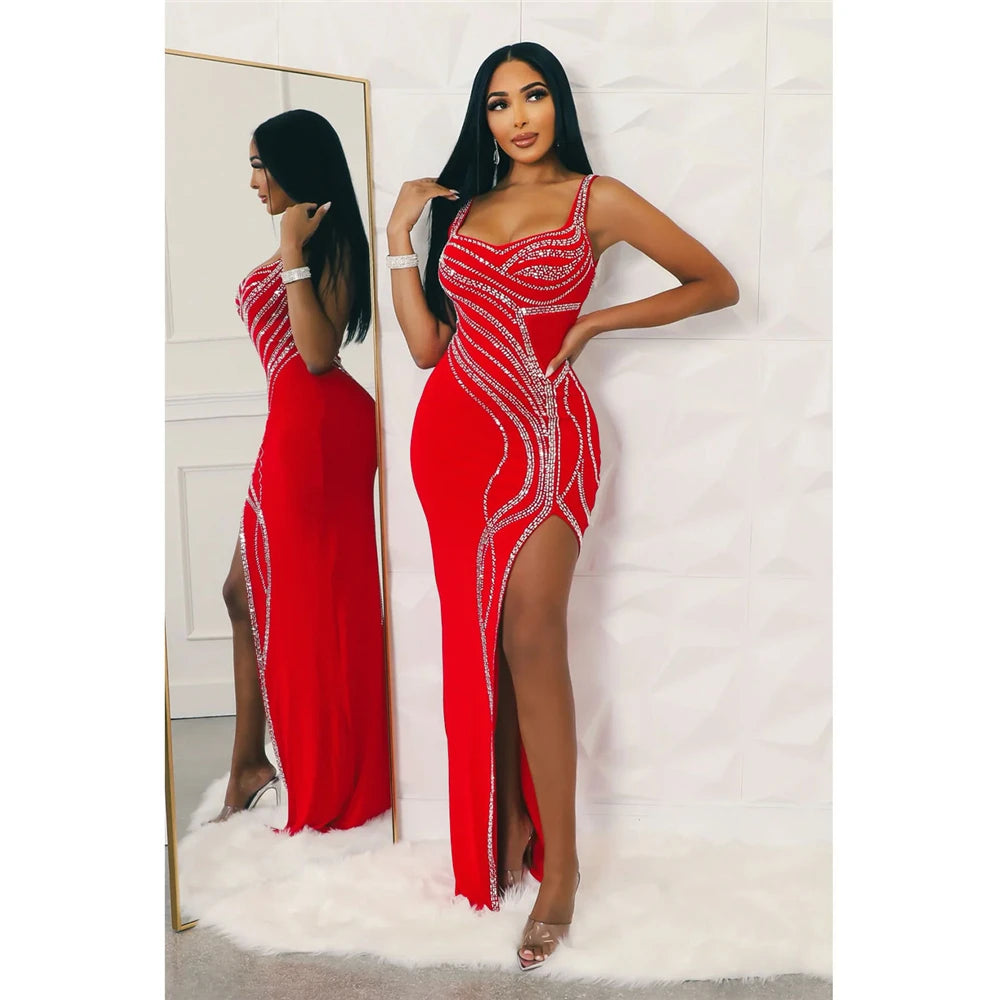 HBLL Women Dresses for Special Occasions Sexy Rhinestone Cocktail Floor Length Long Maxi Dress Evening Party Birthday Dresses