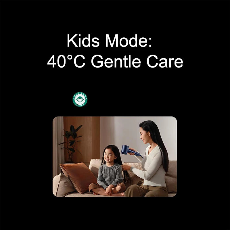 MIJIA High Speed Pro hair dryer in blue showing kids mode with gentle 40°C temperature for safe hair drying.