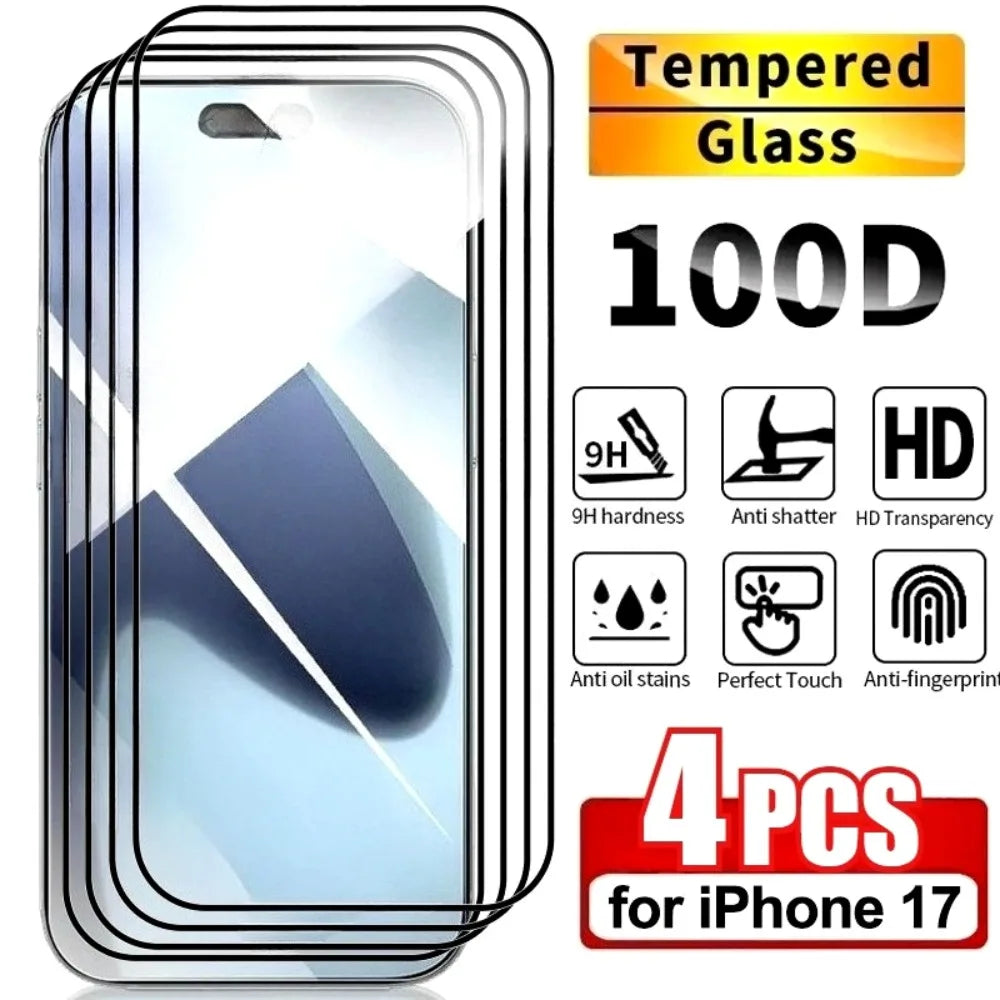 4Pcs Full Cover Screen Protector For iPhone 17 16 15 14 Pro Max 15 14 Plus Tempered Glass for iPhone 12 11 13 Pro 16e 17Air X XR AE 4 pieces High Definition Tidesmit