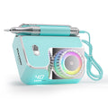 Teal 40000RPM rechargeable electric nail drill with LED display, metal handpiece, and RGB light ring for salon use.