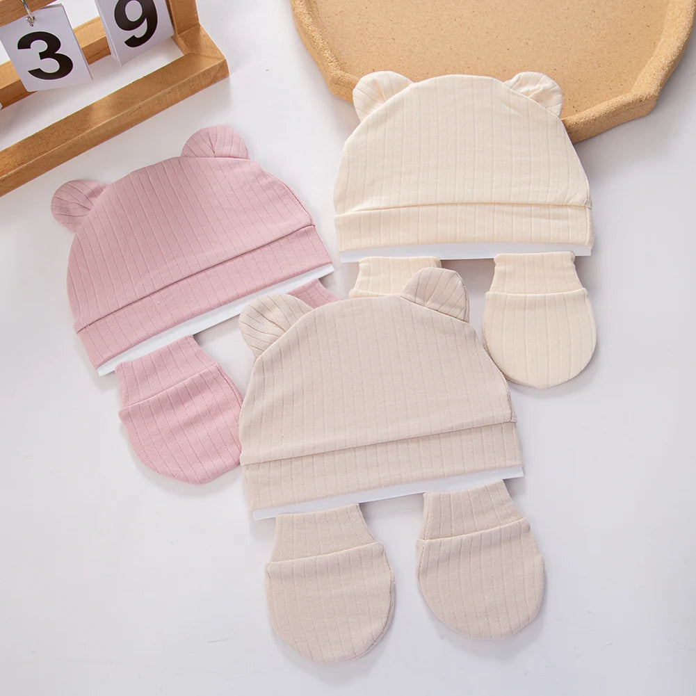 3Pcs/Set Cute Cotton Baby Hats Newborn Bonnet Gloves Mittens Beanies Bear Ear Shape Gift Photo Props Infant 0-3M Clothing
