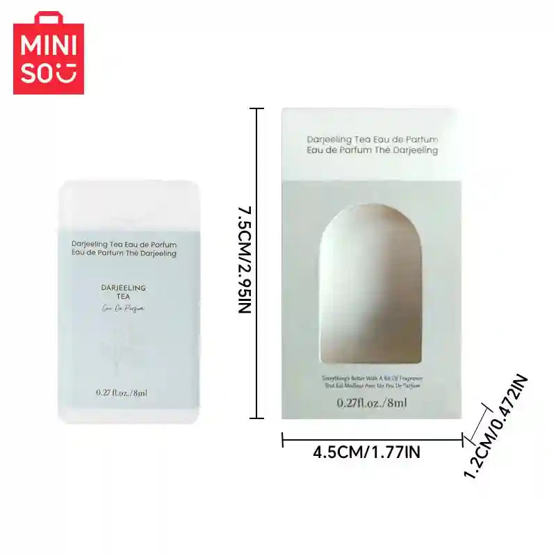 MINISO Darjeeling Tea EDP for men: 8ml portable flat woody fragrance spray in a minimalist rectangular bottle.