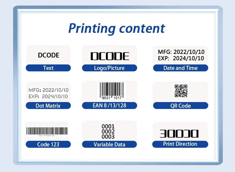 Handheld thermal inkjet printer for various industries, showing store and workshop examples