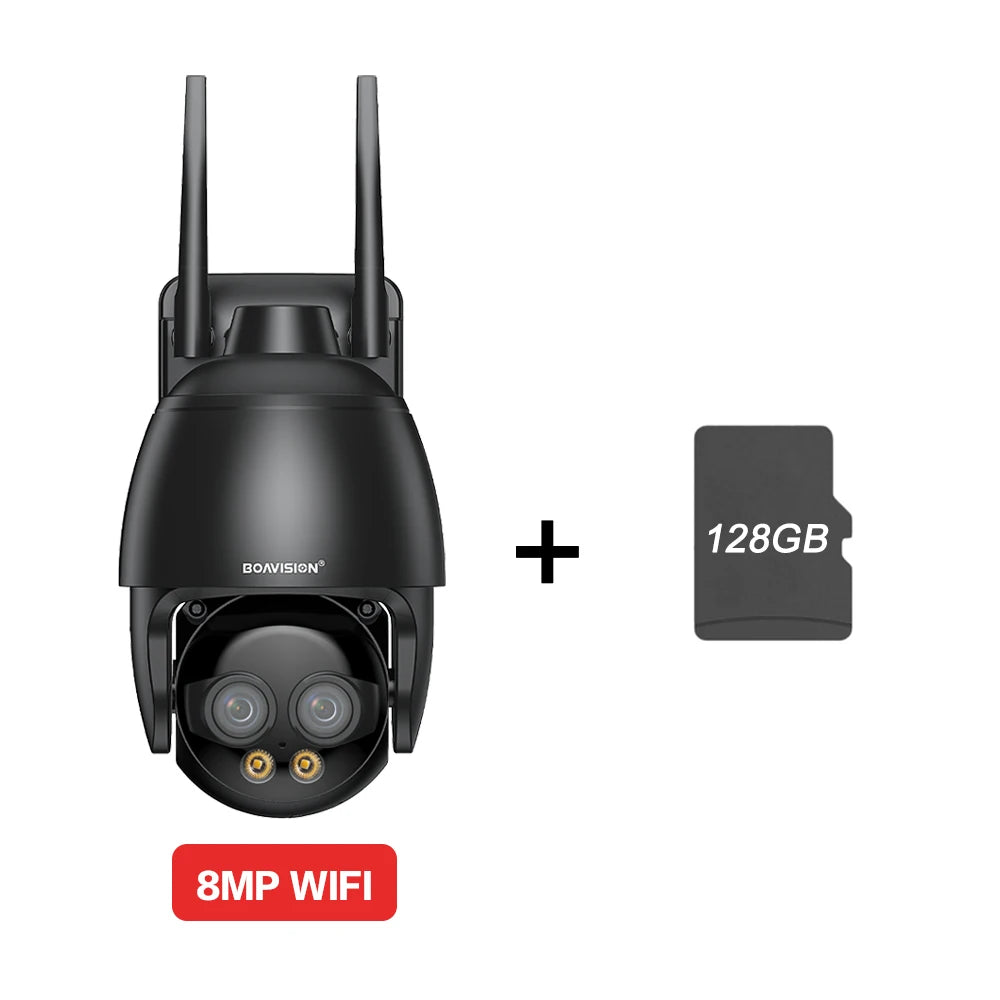 Black dual-lens WiFi security camera with 128GB microSD card