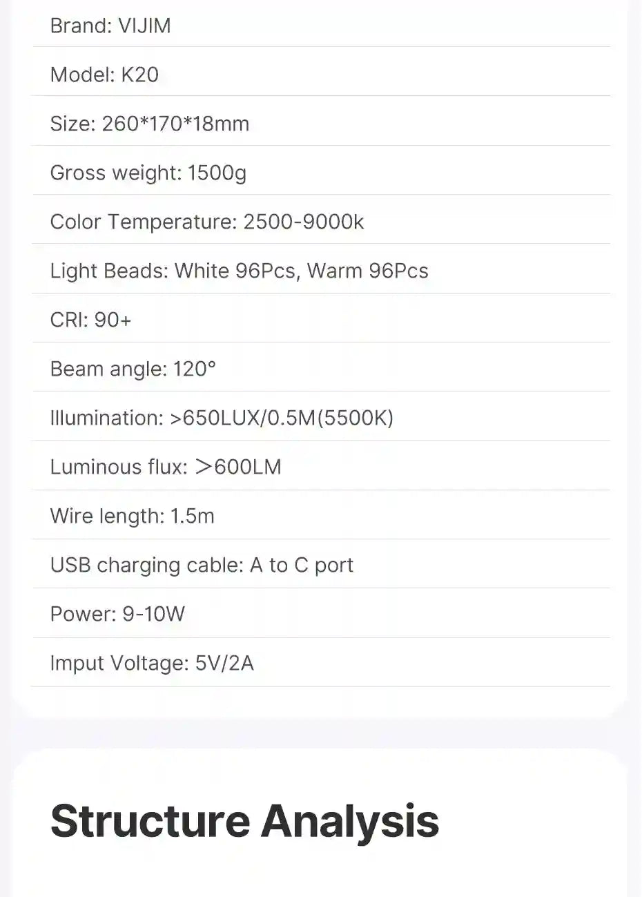 K20 LED video light panel with adjustable color temperature for photography and lighting needs.