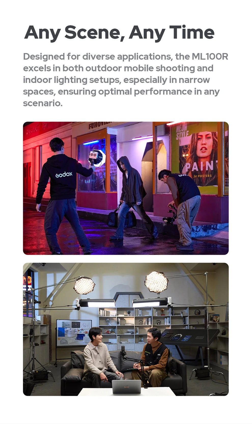 ML100R compact LED lights used for on-location outdoor night shooting and professional indoor studio lighting setups.