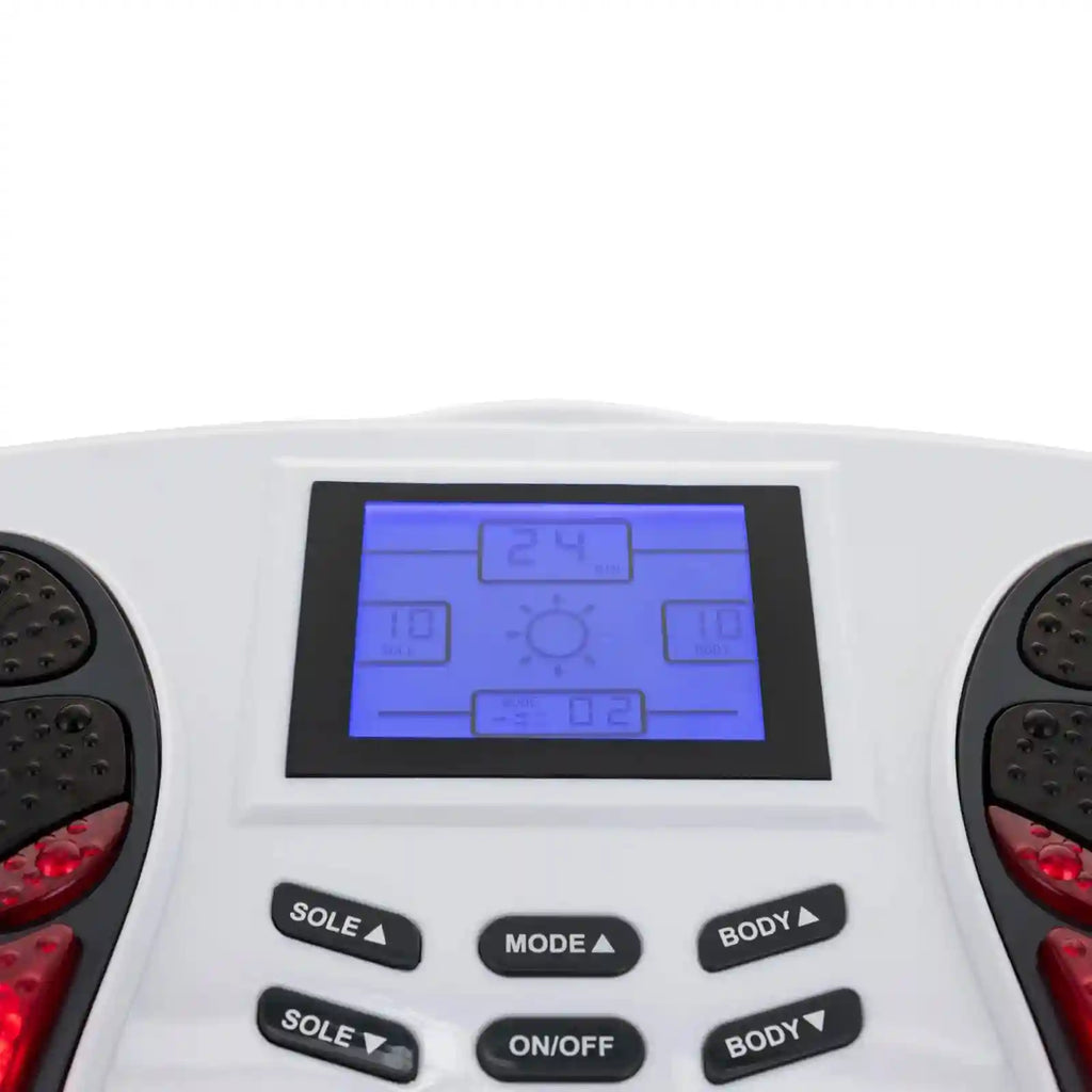 White electric foot massager and blood circulation simulator with blue LED display and control buttons for leg therapy.