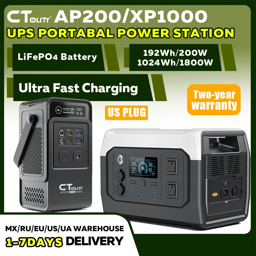 CTOLITY AP200 XP1000 200W/1800W Portable Power Station 192Wh/1024Wh 60000mAh/320000mAh LiFePO4 Battery Solar Generator UPS Function Emergency Power Supply for Camping Outdoor