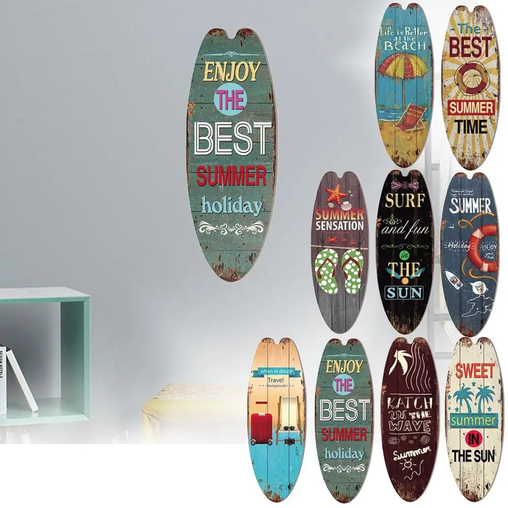 Wood surfboard hanging sign with teal and green finish, “ENJOY THE BEST SUMMER holiday”