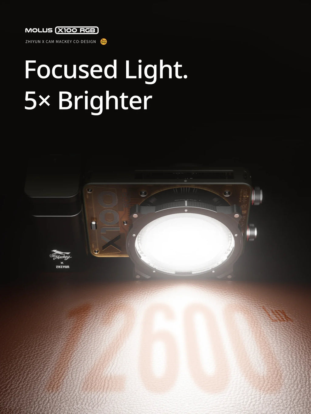 Molus X100 RGB compact LED video light with a circular head, casting a bright beam onto a textured brown surface.