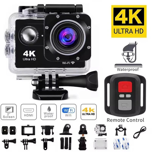 4K Wi-Fi action camera with clear waterproof housing, mounting base, and wrist remote