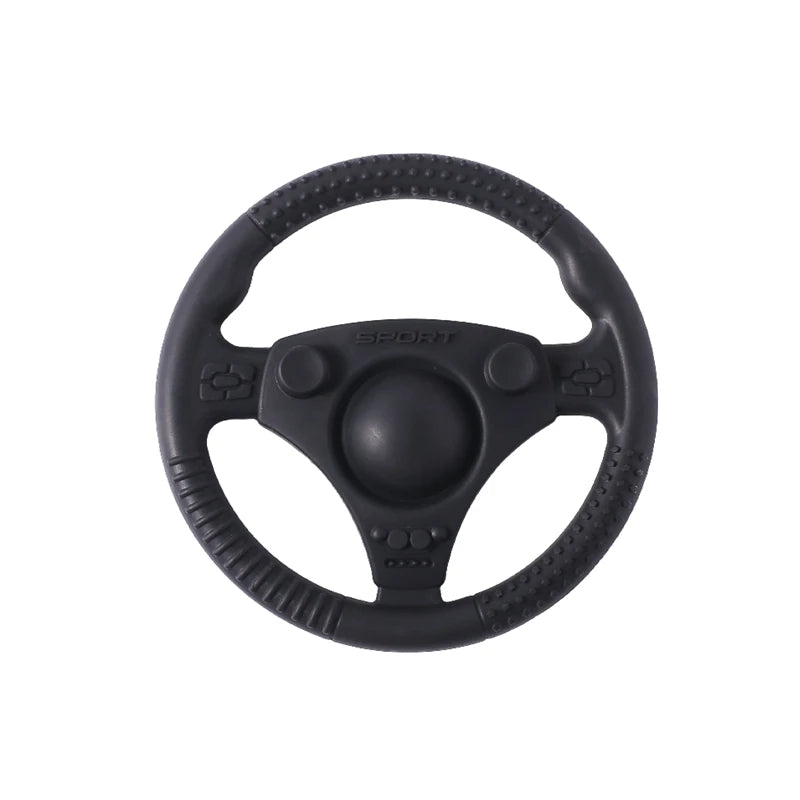 Black silicone steering wheel baby teething toy for soothing sore gums.