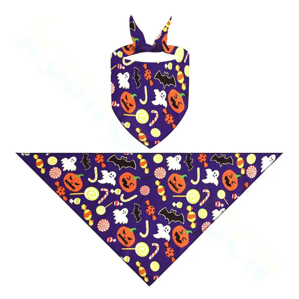 Purple Halloween dog bandana with pumpkin, bat, and ghost print for cute pet costume and festive dressing up.