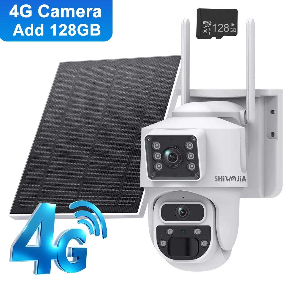 White outdoor solar PTZ security camera with two solar panels and dual-lens module