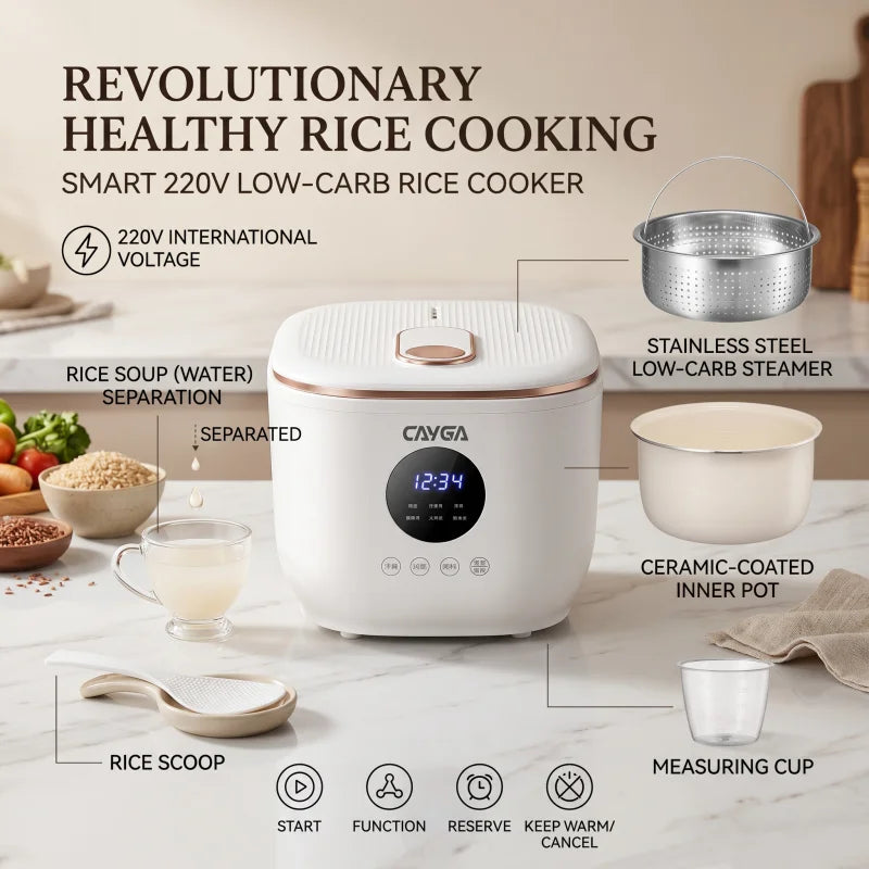 White CAYGA 3L electric rice cooker with ceramic inner pot and rice soup separator