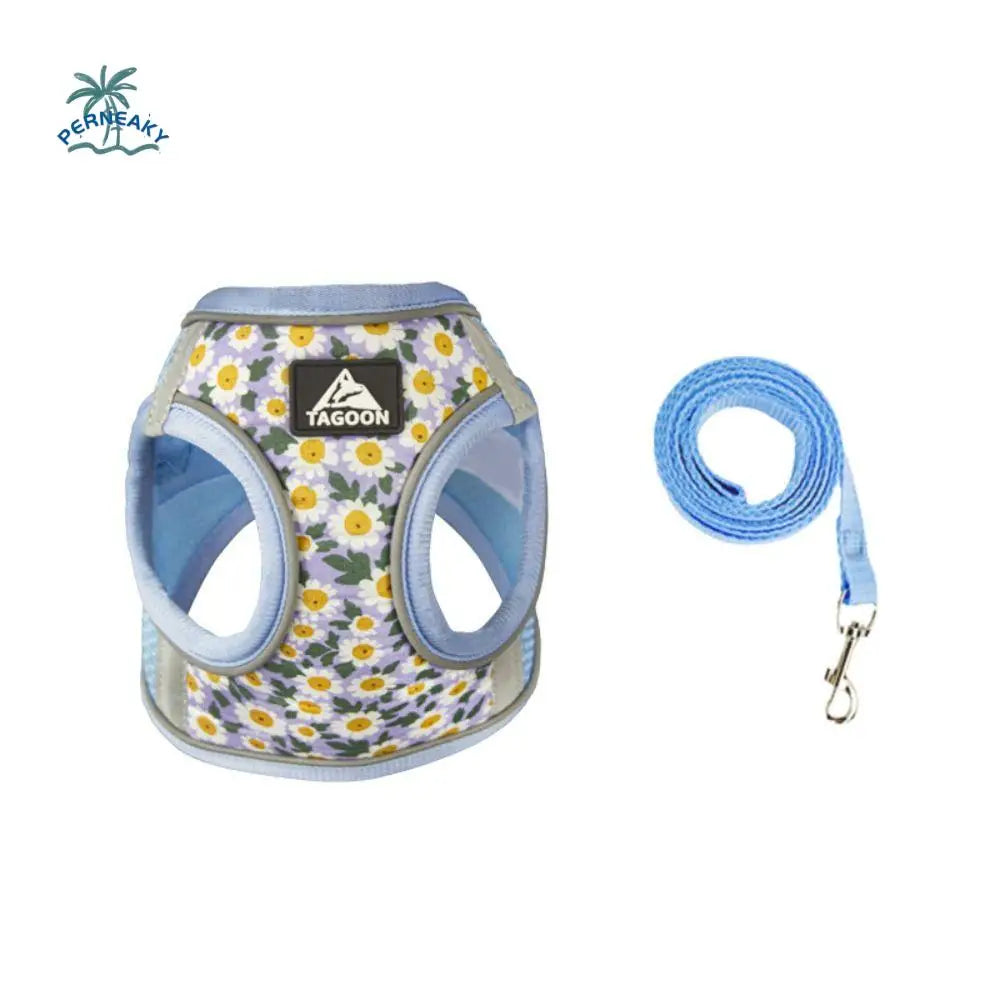 Floral anti-escape mesh pet harness and leash set in blue with daisy print for small dogs and cats, reflective safety.