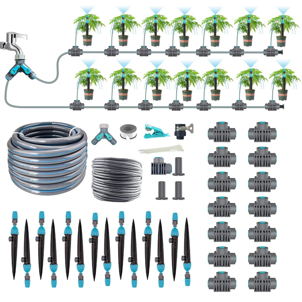 Complete drip irrigation kit with gray coils, teal emitters, spike drippers, and manifold fittings