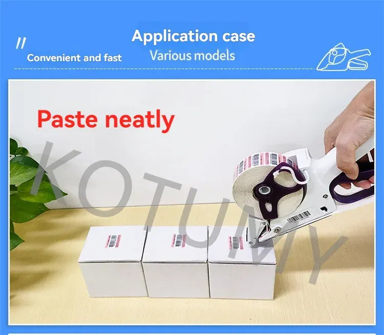 Handheld labeling machine pasting labels onto stacked boxes with a hand-held grip