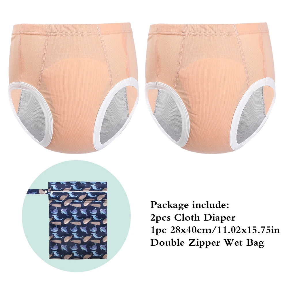 2-pack peach reusable cloth training diapers and a whale-print double-zipper wet bag, baby care essential.