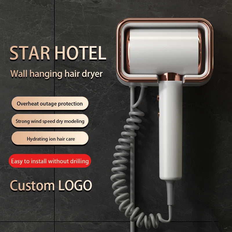 HOMEFISH wall-mounted ionic hair dryer, white and rose gold, no-drill design, professional hotel blow dryer.