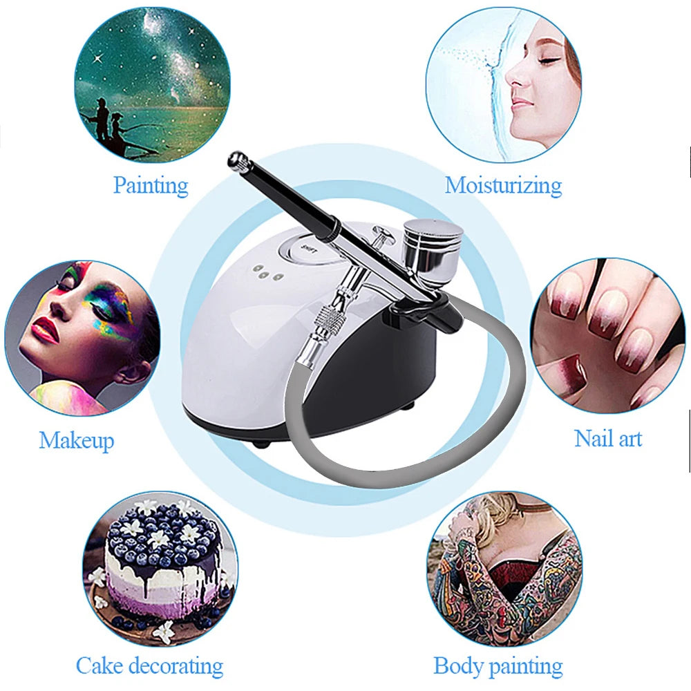 Black and white airbrush compressor machine with attached spray gun, surrounded by examples of multi-use applications.