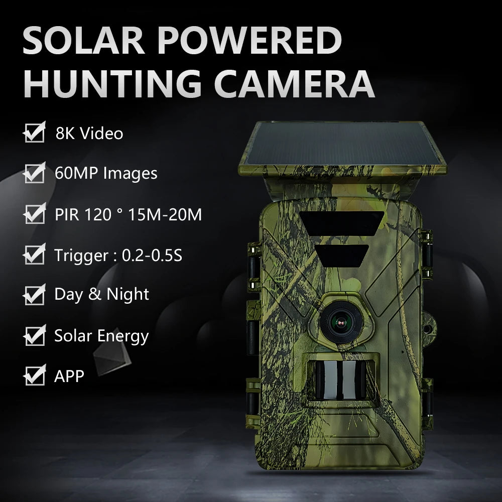 8K 60MP Solar Trail Camera with WiFi, 32GB SD Card, Phone App Control, Night Vision Motion Activated Wildlife Camera