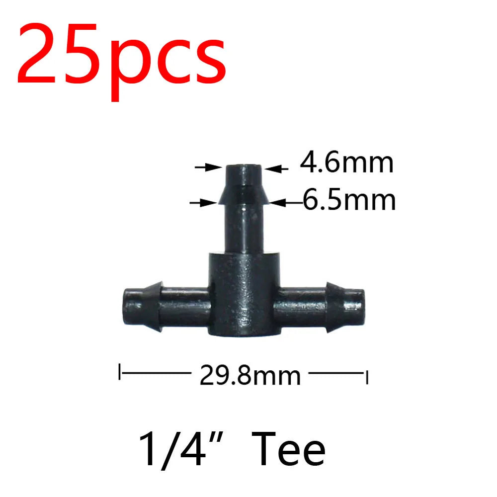 1/4 inch barbed tee irrigation connector, dark plastic three-way fitting