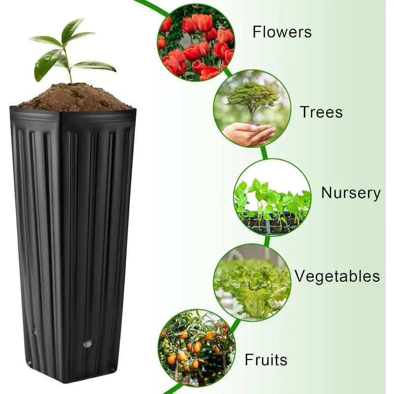 Black ribbed plastic deep nursery pot with drainage holes, shown with plant labels