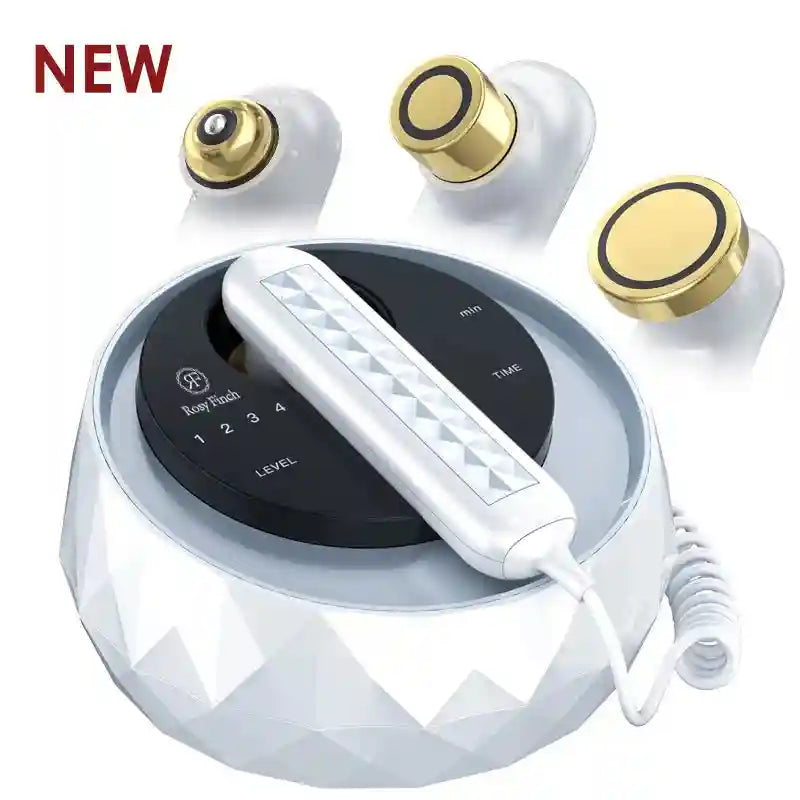White multifunction beauty device with geometric base, gold-accented massage heads, and touch-control display.