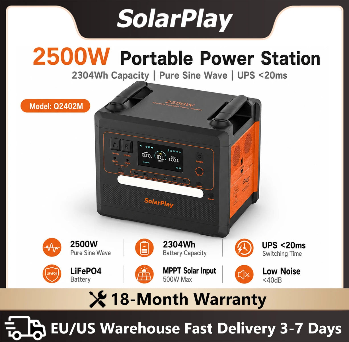 SolarPlay 2304Wh LiFePo4 Battery Solar Generator 2500W Solar Portable Power Station 0.08s Seamless UPS Function Support AC up to 2400W output, Support solar panels for charger,used for refrigeration fans, refrigerators, air c