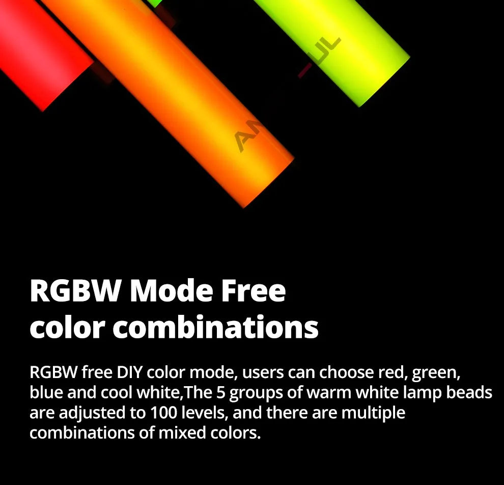 RGBW LED light wand in tubular shape with customizable red, green, blue, and white colors for creative photography.
