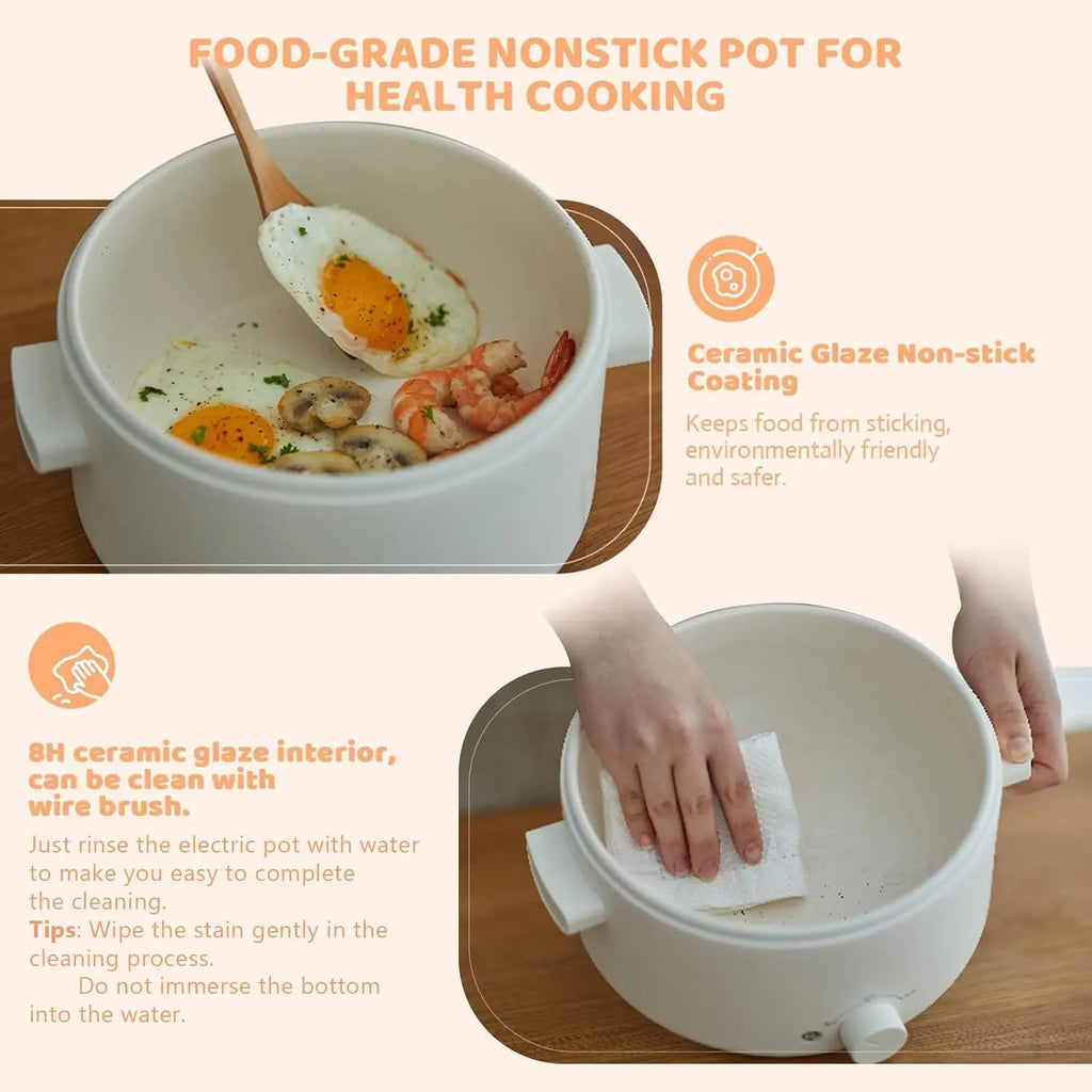 Electric hot pot interior with ceramic nonstick coating and wooden spoon above bowl