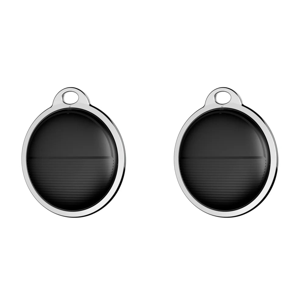 Two black mini Bluetooth GPS pet trackers with silver rings for Apple Find My, ideal for secure pet location tracking.