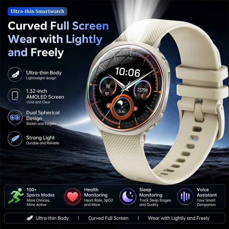 Curved-screen smartwatch with round display and light cream strap, front view.