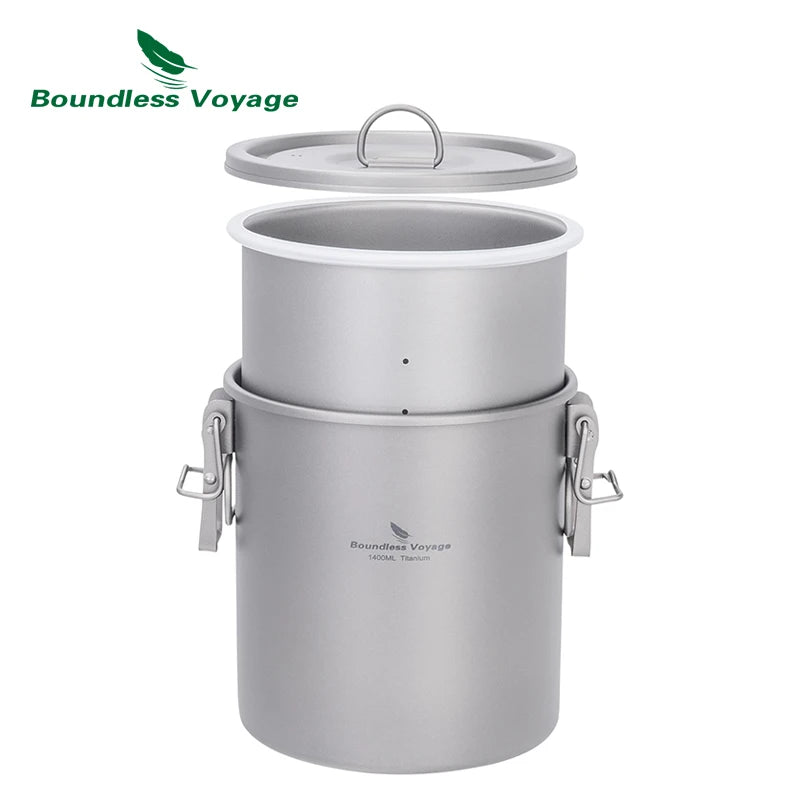 Titanium cooking pot with matching lid and side handles, silver