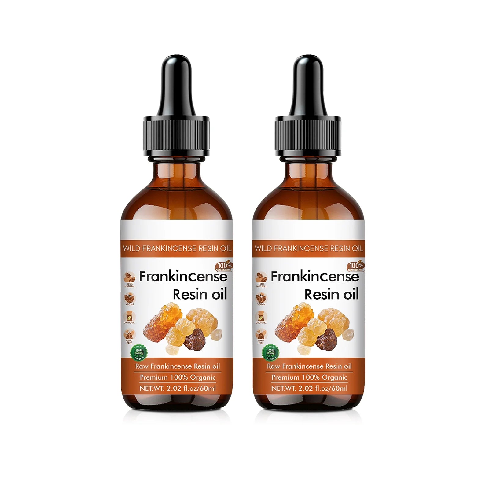 Frankincense resin face oil dropper bottles, amber glass pair