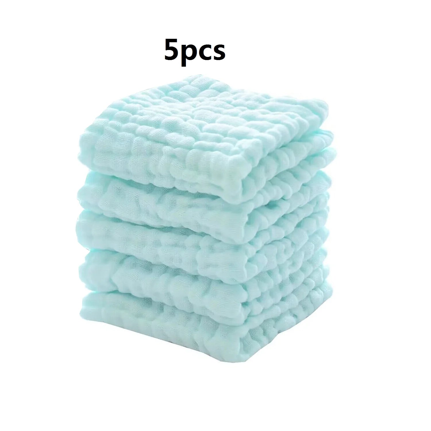 Set of 5 soft muslin baby washcloths in light blue for gentle baby care.
