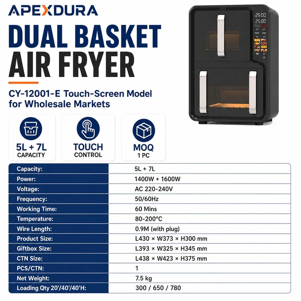 14L Dual Zone Air Fryer Oven Digital Touch Control Visible Window 2800W 220V CE CB OEM Factory