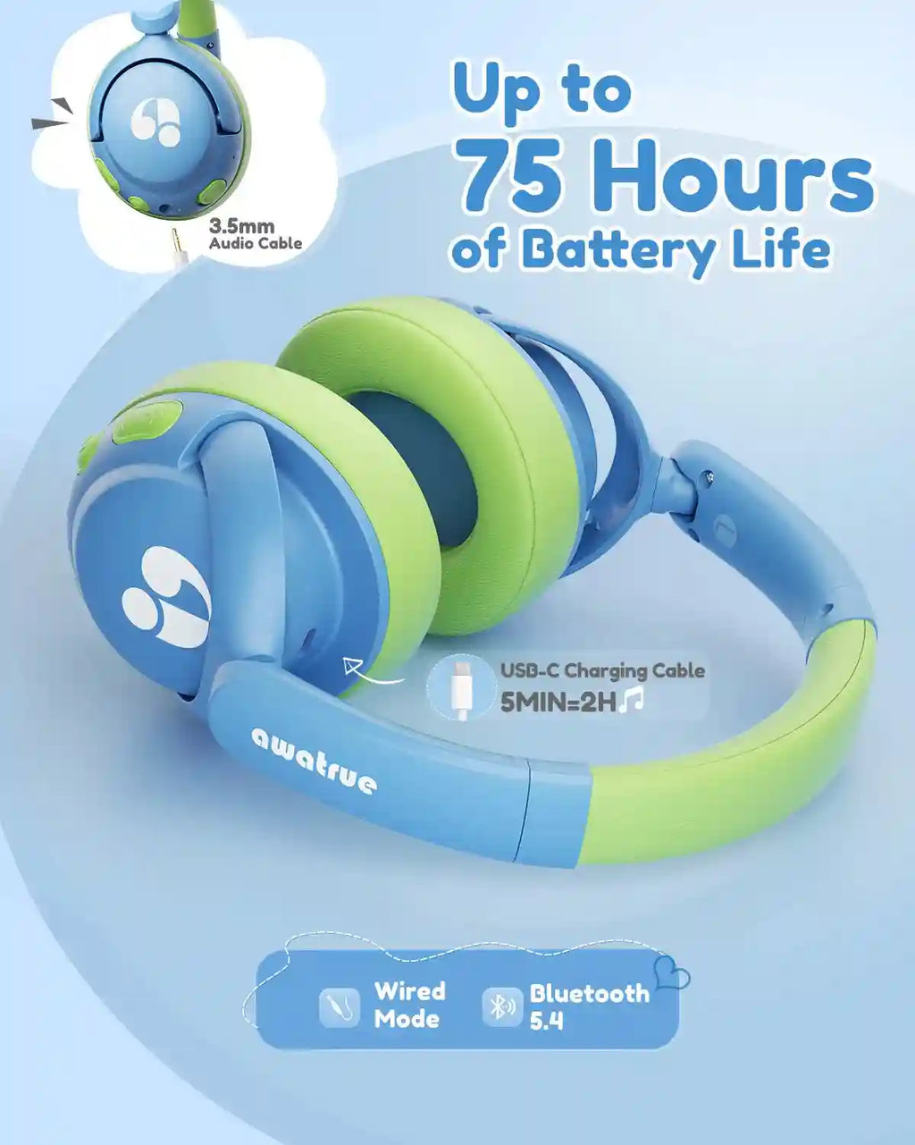Wireless Kids Headphones - Volume Limited Over-Ear Stereo Audio Tidesmit