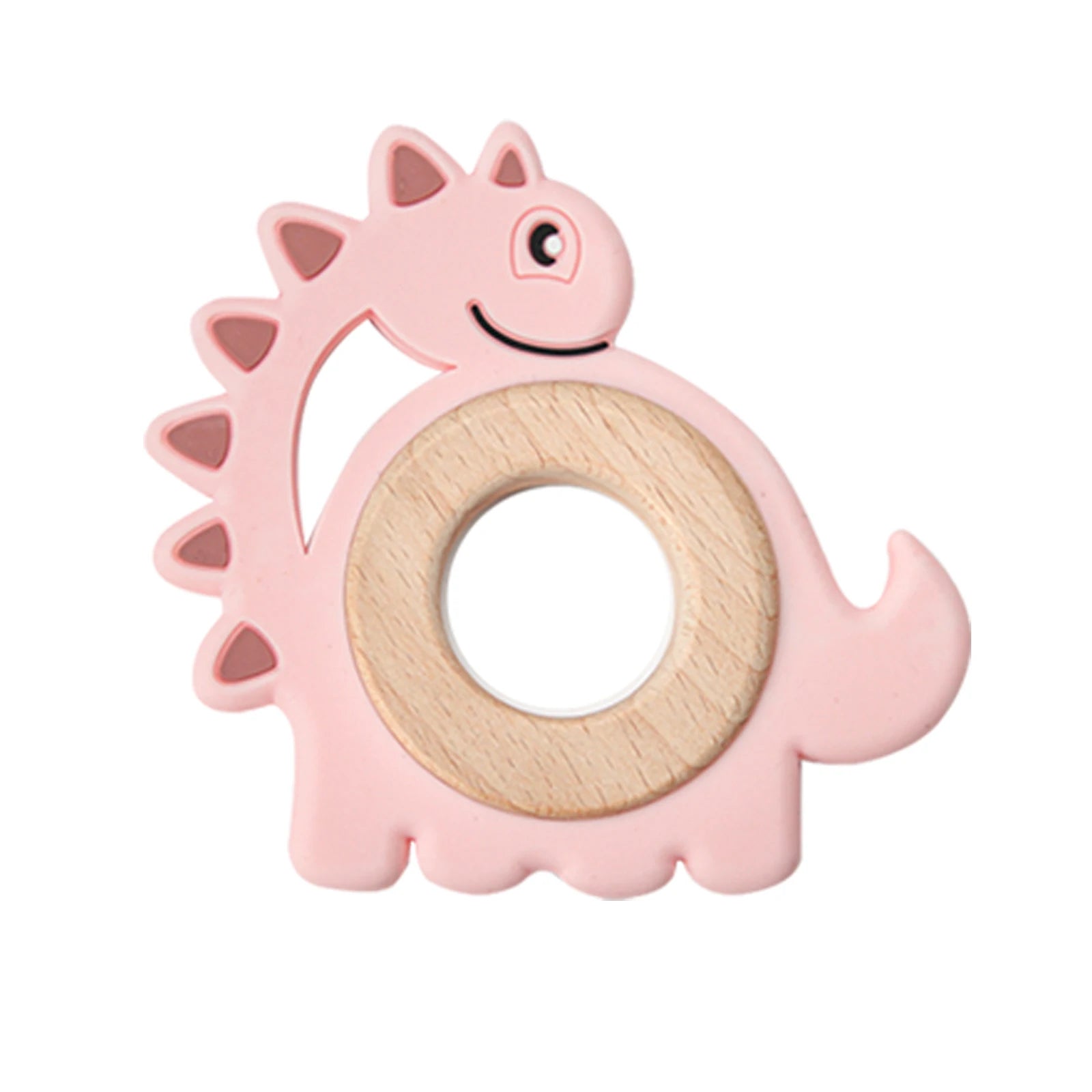 Pink dinosaur baby teething toy made of natural wood and silicone for infant pain relief.