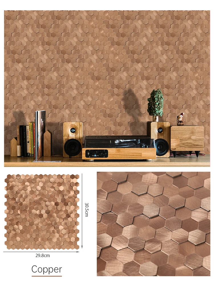 Copper hexagon 3D metal peel-and-stick backsplash tiles, self-adhesive wall squares