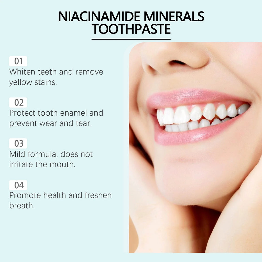 Tidesmit Niacinamide bleaching toothpaste for plaque removal, stain whitening, and fresh breath oral hygiene care.