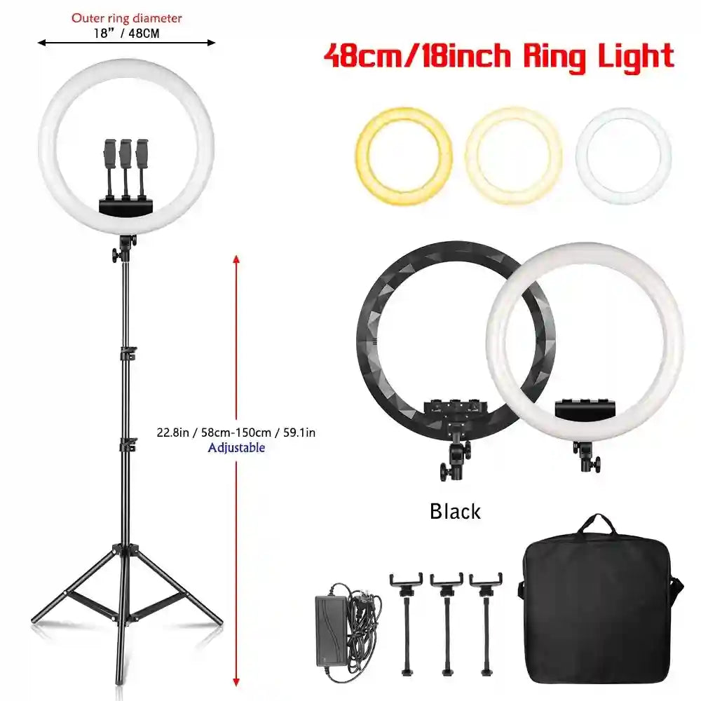 18 Inch Ring Light with Tripod Stand - Adjustable Professional LED Lamp 150 Black cm Tidesmit
