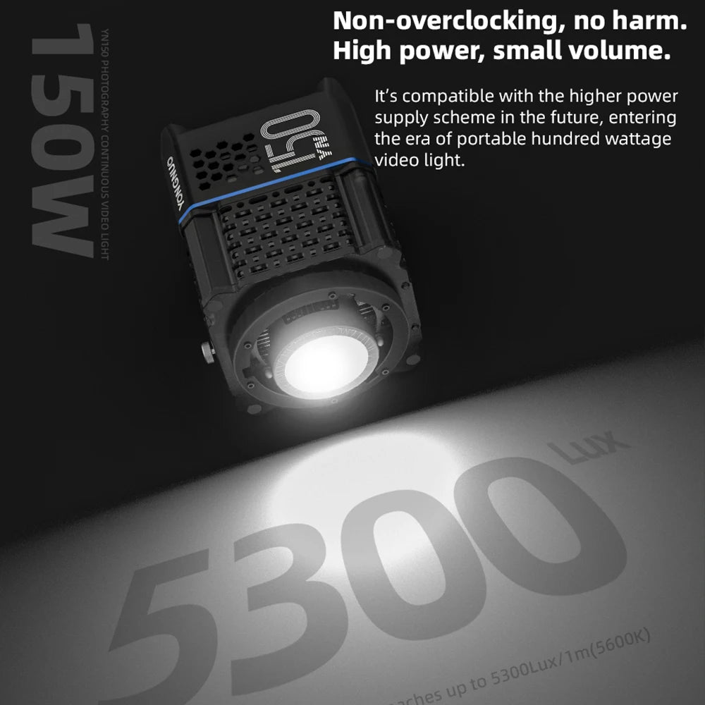 Compact 150W black LED video light with a metal cooling housing and a bright circular light source for photography.