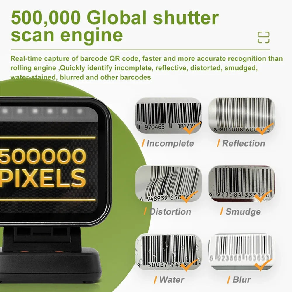Desktop barcode scanner close-up of scan window and LED light bar, black with orange accents