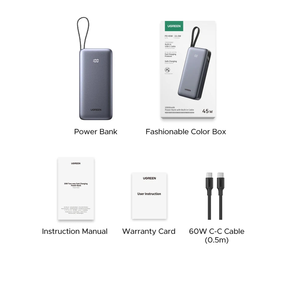 20000mAh Fast Charging Power Bank 45W with Integrated USB-C Cable Tidesmit