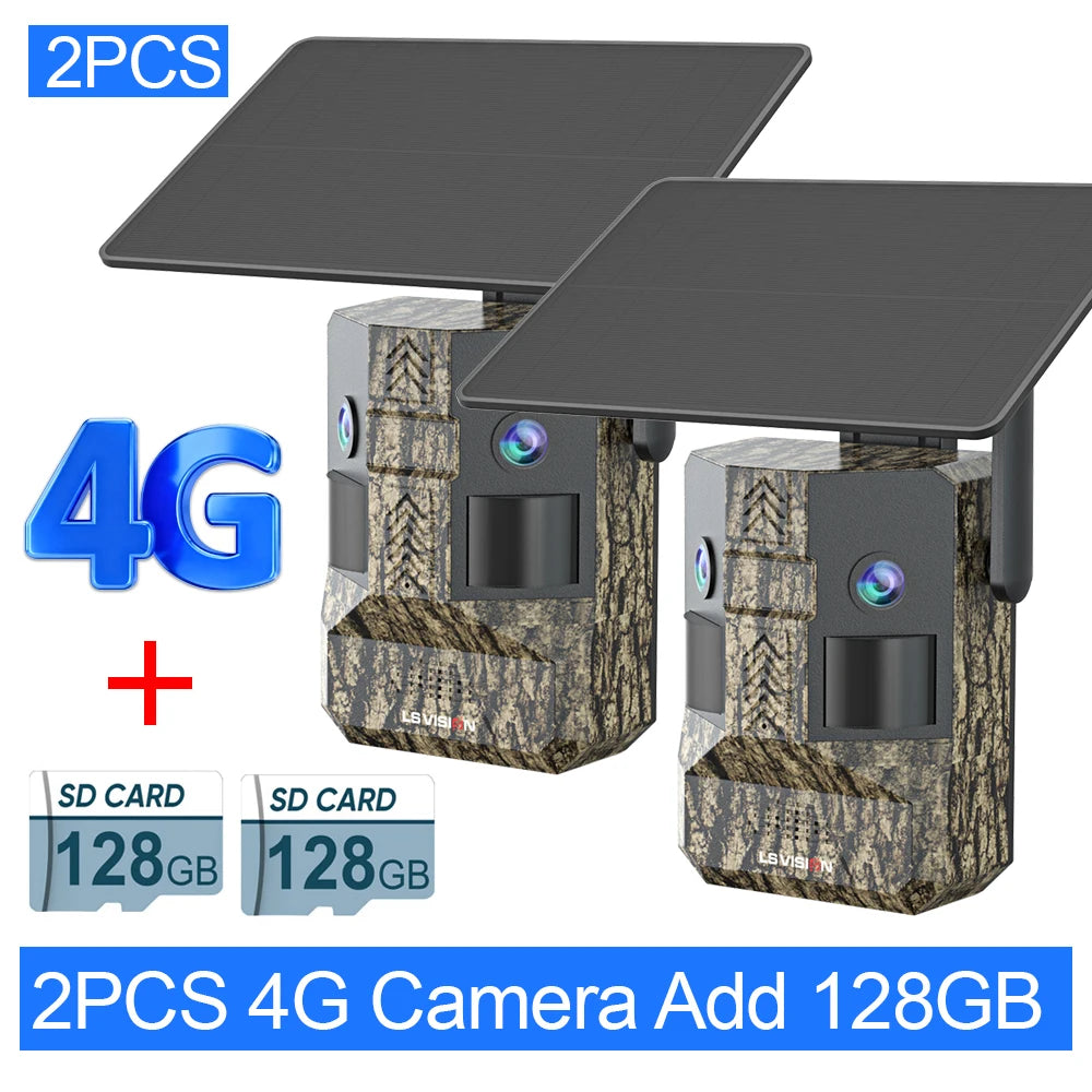 2-pack 4G LTE trail cameras with camo housing and solar panels, includes 128GB SD cards
