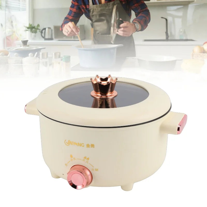 Cream electric cooking pot with glassless lid, copper burner top, and front temperature knob