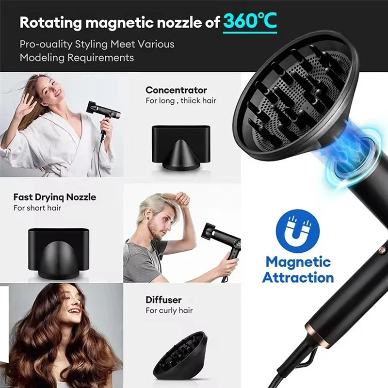 Black 1800W high-speed hair dryer with magnetic 360° nozzles, diffuser, and concentrator for professional styling.